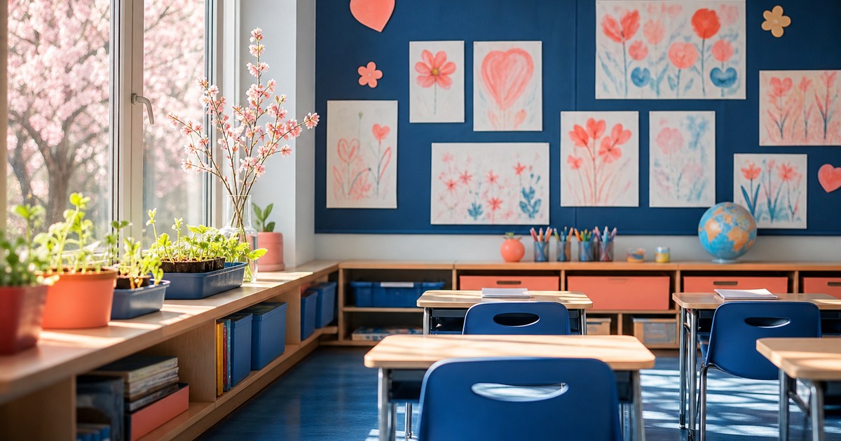 Een leeg basisschoollokaal met kindertekeningen aan de muur en kiemplantjes in de vensterbank in het voorjaarslicht
